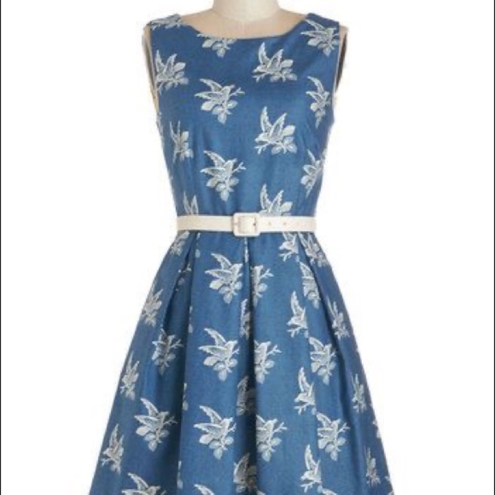 NWOT ModCloth Myrtlewood bird blue dress L M